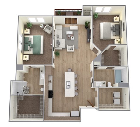 Floor plan for 2 beds, 2 baths, 1142 sqft